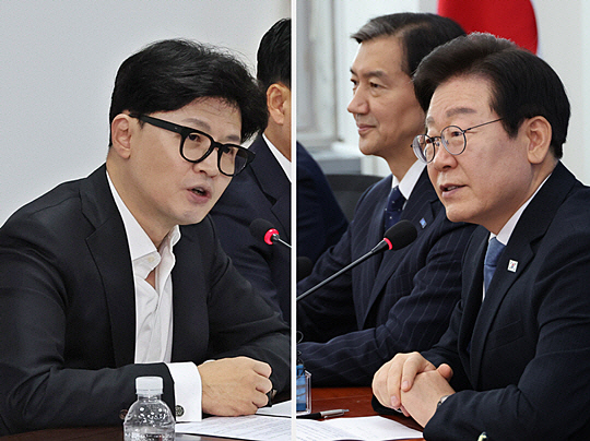 왼쪽은 지난 8월19일 국민의힘 최고위원회의에서 발언하는 한동훈 당대표, 오른쪽은 21일 국회에서 만난 이재명 더불어민주당 대표와 조국 조국혁신당 대표.<연합뉴스 사진 갈무리>